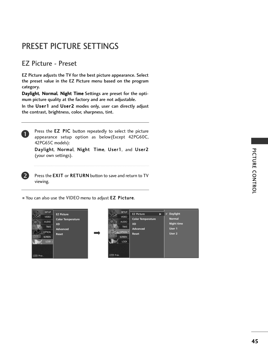 LG Electronics 32LC50CS, 42PG65C, 42PG60C, 42LC50C, 42LC5DC, 37LG515H, 37LG500H Preset Picture Settings, EZ Picture Preset 