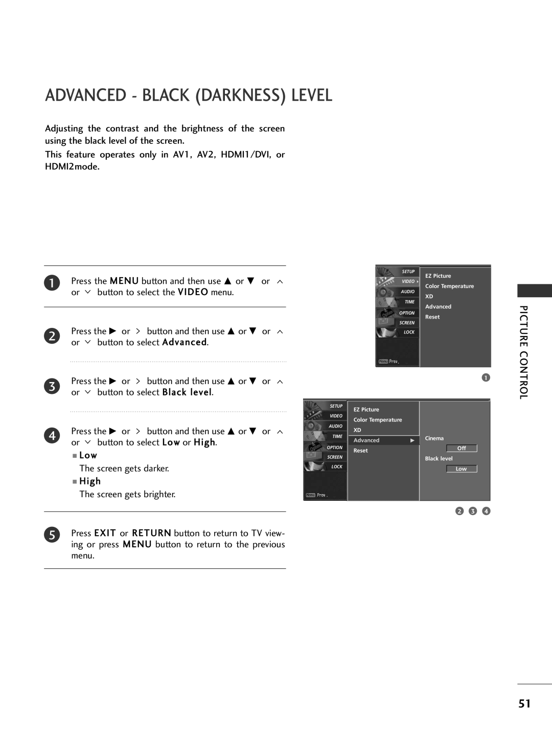 LG Electronics 32LG515H, 42PG65C, 42PG60C, 42LC50C, 42LC5DC, 37LG515H, 37LG500H Advanced Black Darkness Level, Picture Control 