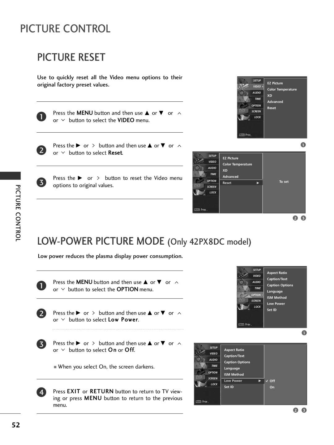 LG Electronics 42LB5DC, 42PG65C Picture Reset, Or button to select Reset Press the G or, Options to original values 