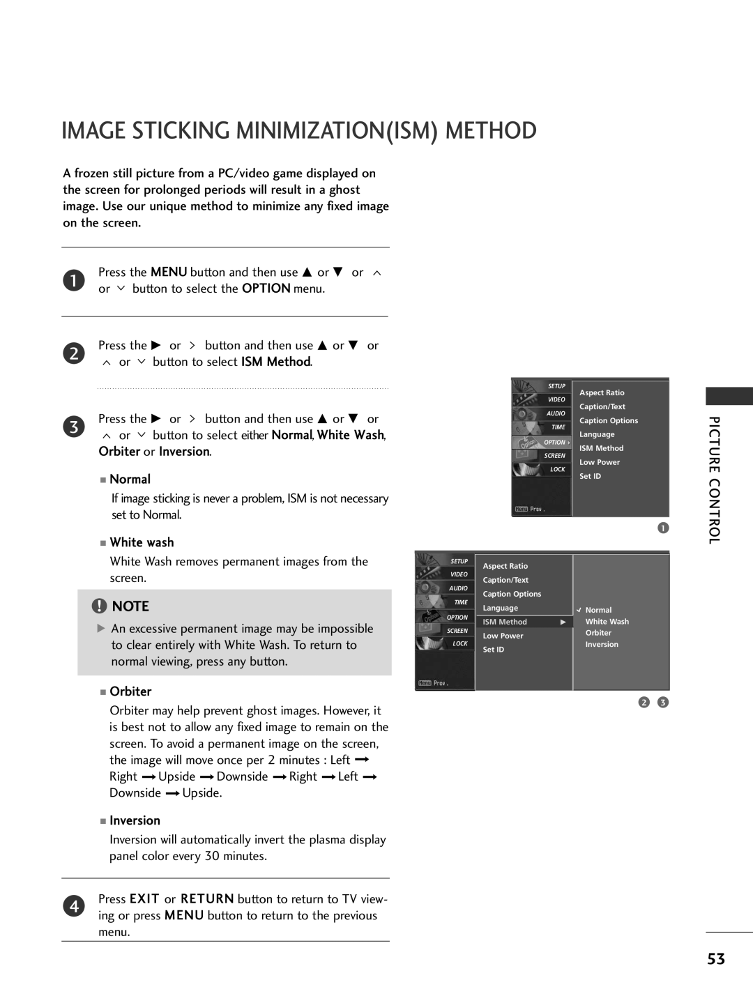 LG Electronics 42LB50C, 42PG65C, 42PG60C Image Sticking Minimizationism Method, Button to select the Option menu, Orbiter 