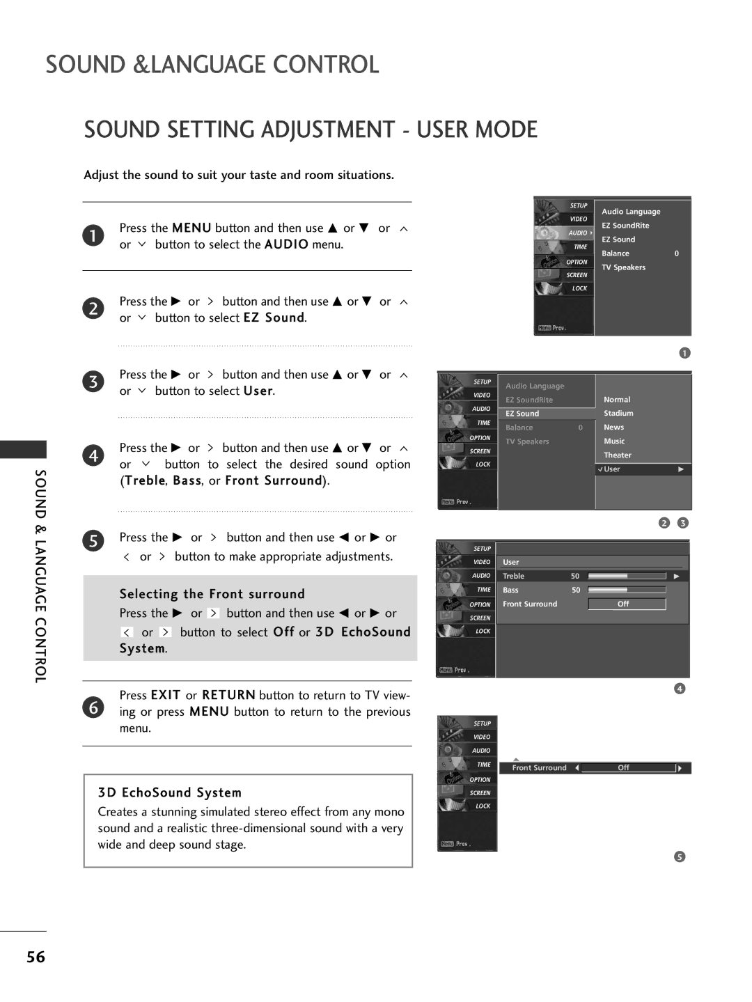 LG Electronics 42PG65C, 42PG60C, 42LC50C Sound &LANGUAGE Control, Sound Setting Adjustment User Mode, Language Control 