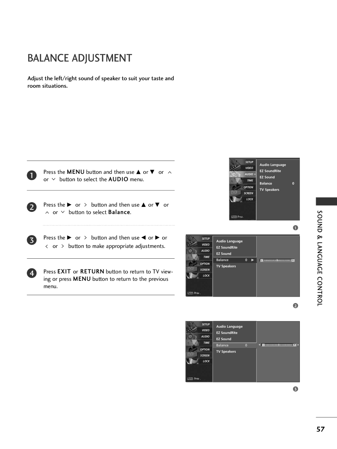 LG Electronics 42PG60C, 42PG65C, 42LC50C, 42LC5DC Balance Adjustment, Button to select Balance, Button and then use or 