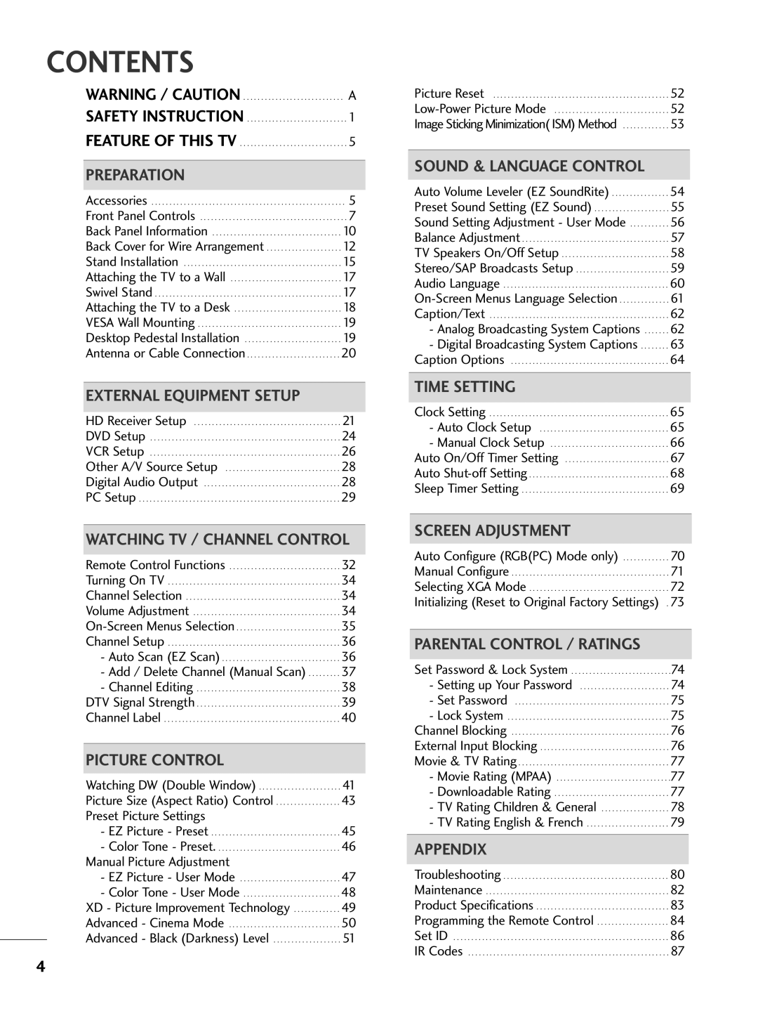 LG Electronics 37LG505H, 42PG65C, 42PG60C, 42LC50C, 42LC5DC, 37LG515H, 37LG500H, 37LC50CB, 37LC5DC1, 37LC5DCB, 32LX50C Contents 