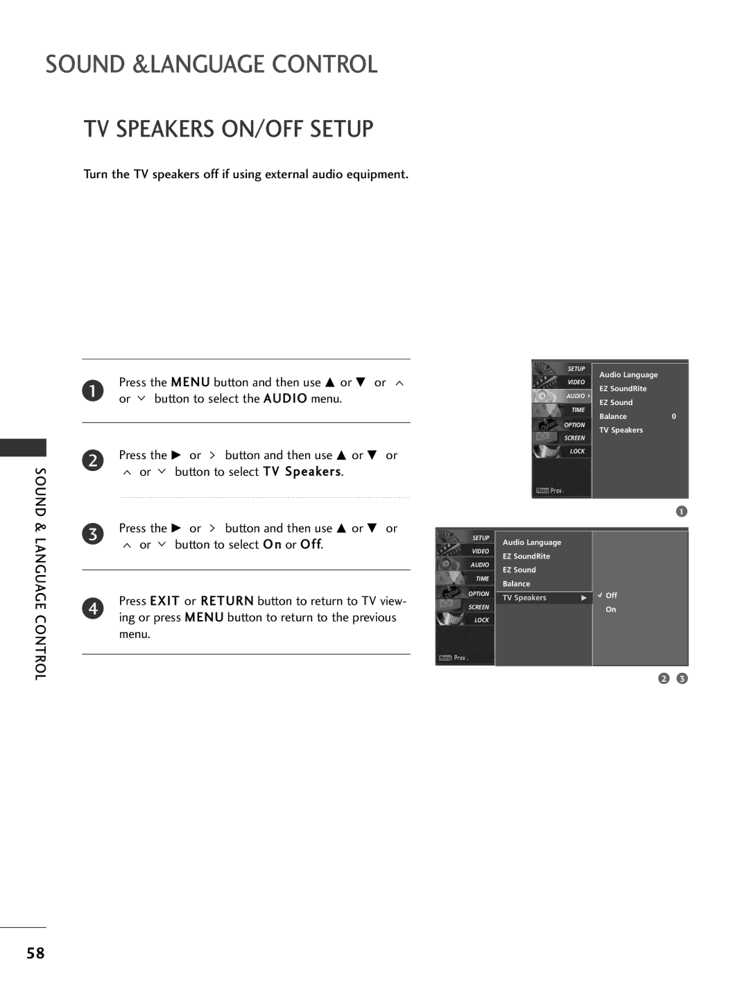 LG Electronics 42LC50C, 42PG65C TV Speakers ON/OFF Setup, Turn the TV speakers off if using external audio equipment 