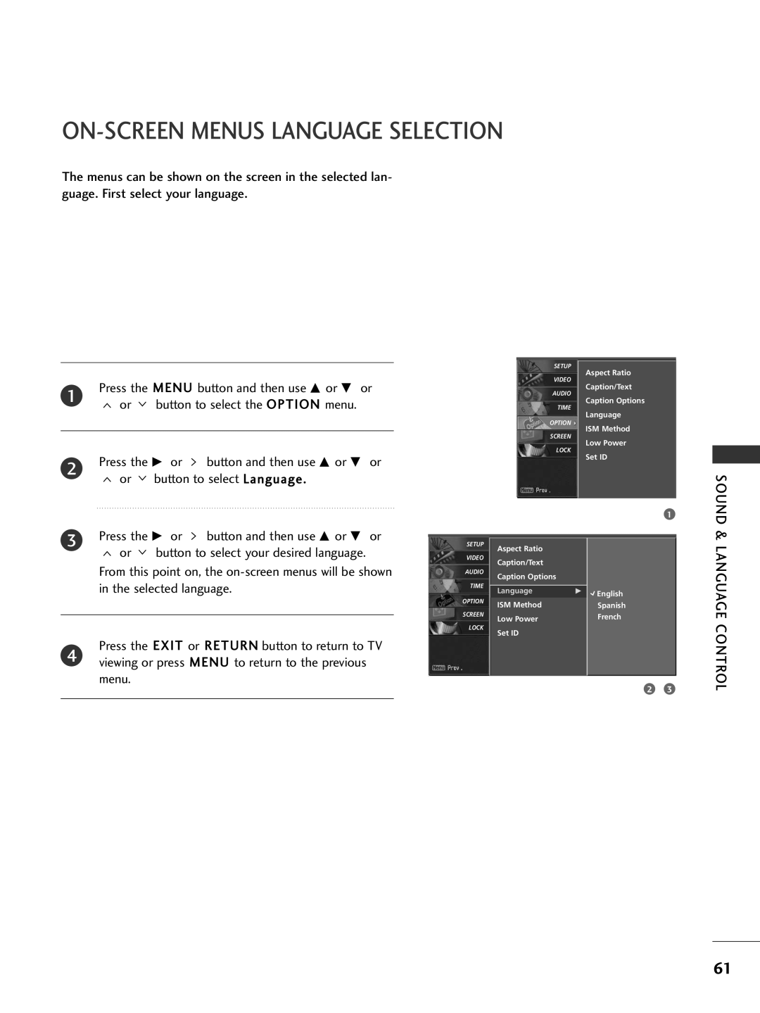 LG Electronics 37LG500H, 42PG65C, 42PG60C, 42LC50C ON-SCREEN Menus Language Selection, Button to select the Option menu 