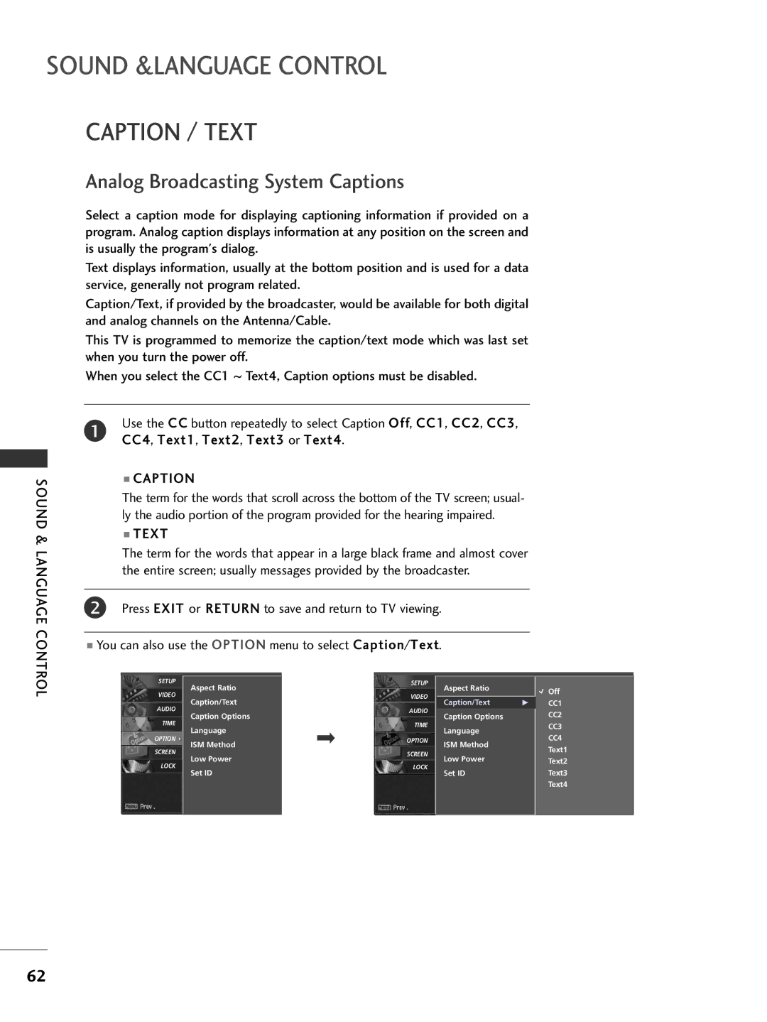 LG Electronics 37LG505H, 42PG65C, 42PG60C, 42LC50C, 42LC5DC, 37LG515H Caption / Text, Analog Broadcasting System Captions 