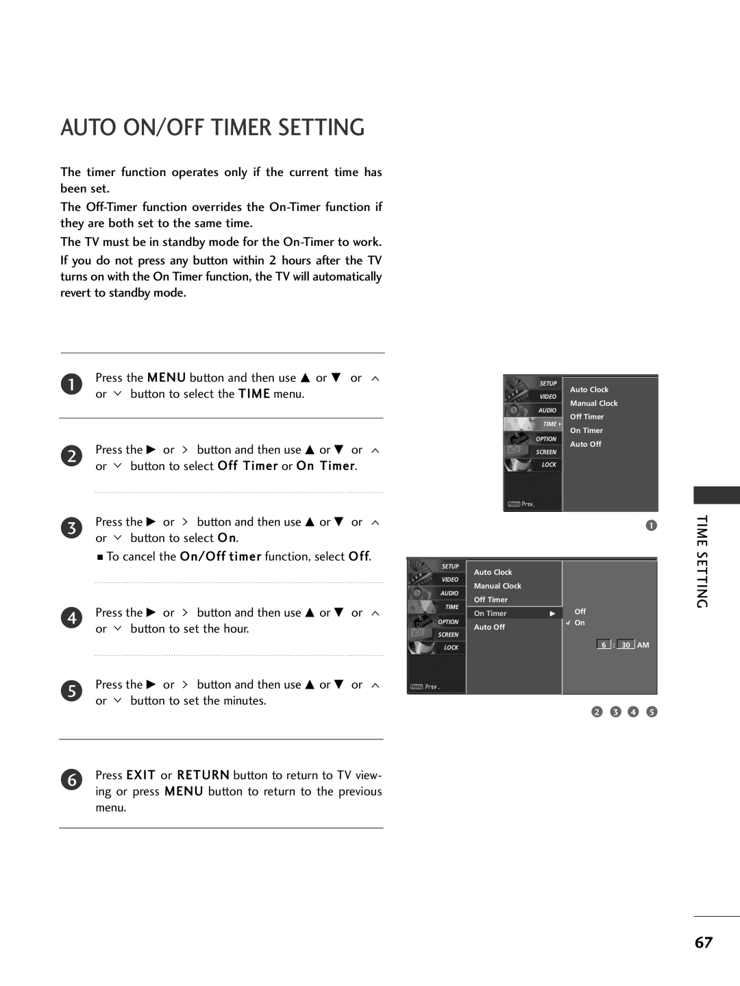 LG Electronics 37LC5DCB, 42PG65C, 42PG60C Auto ON/OFF Timer Setting, To cancel the On/Off timer function, select Off 