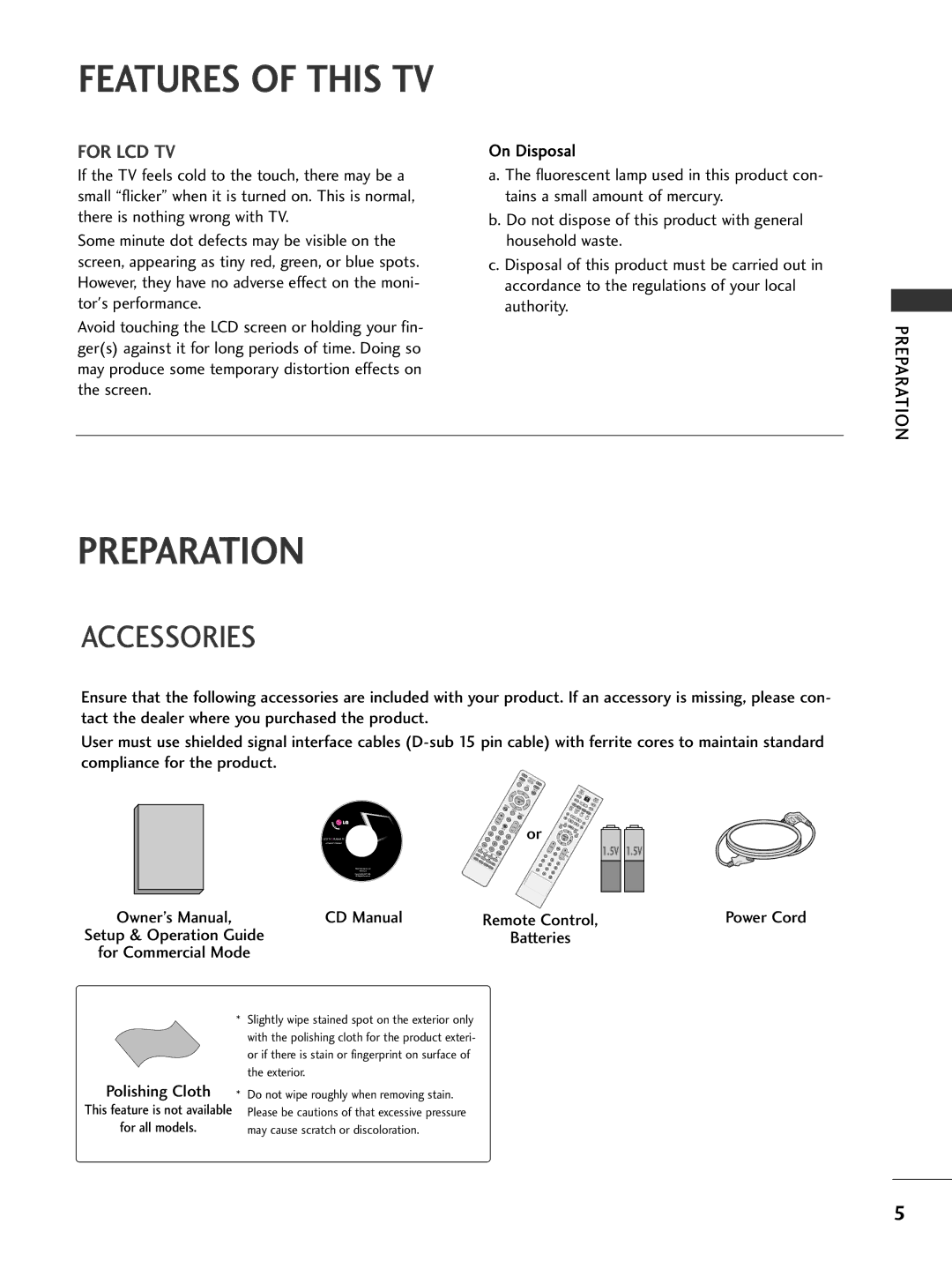 LG Electronics 37LC50CB, 42PG65C, 42PG60C, 42LC50C, 42LC5DC, 37LG515H, 37LG500H, 37LG505H, 37LC5DC Preparation, Accessories 