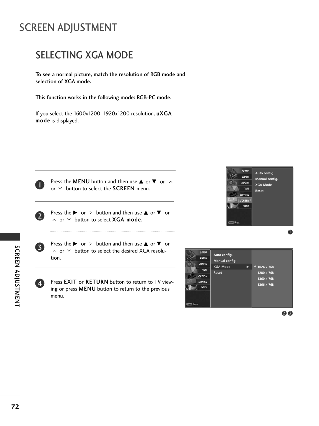 LG Electronics 32LG505H, 42PG65C, 42PG60C, 42LC50C, 42LC5DC, 37LG515H, 37LG500H Screen Adjustment, Selecting XGA Mode, Tion 