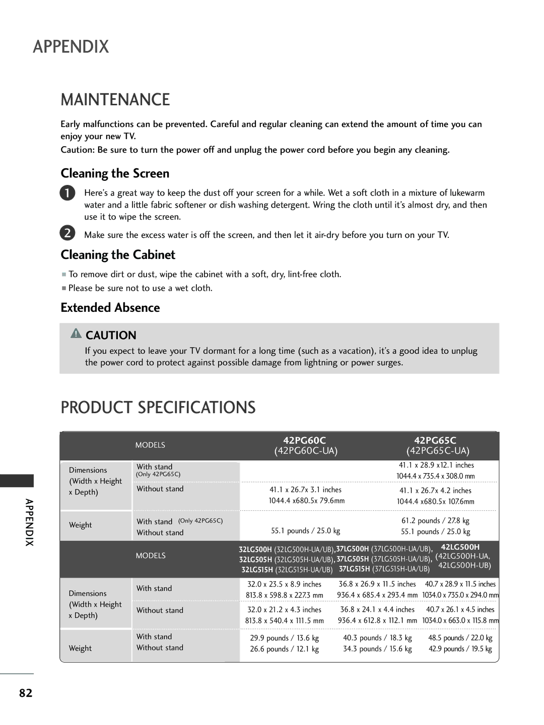 LG Electronics 42LB50C, 42PG65C, 42PG60C, 42LC50C, 42LC5DC, 37LG515H, 37LG500H Appendix, Maintenance, Product Specifications 