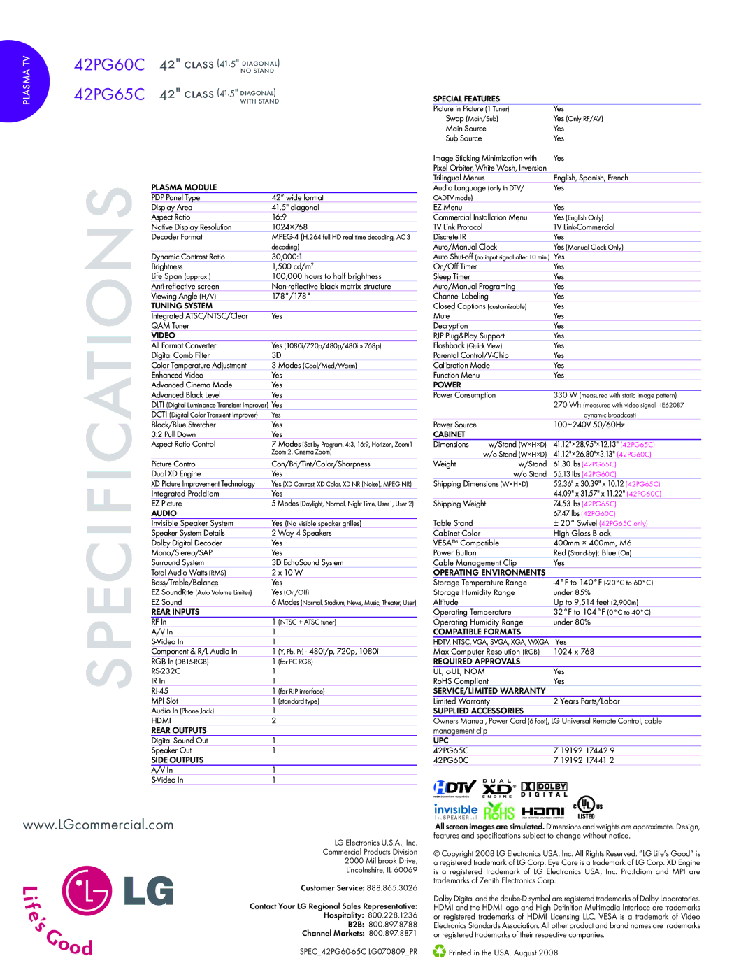 LG Electronics 42PG65C, 42PG60C warranty Specifications 