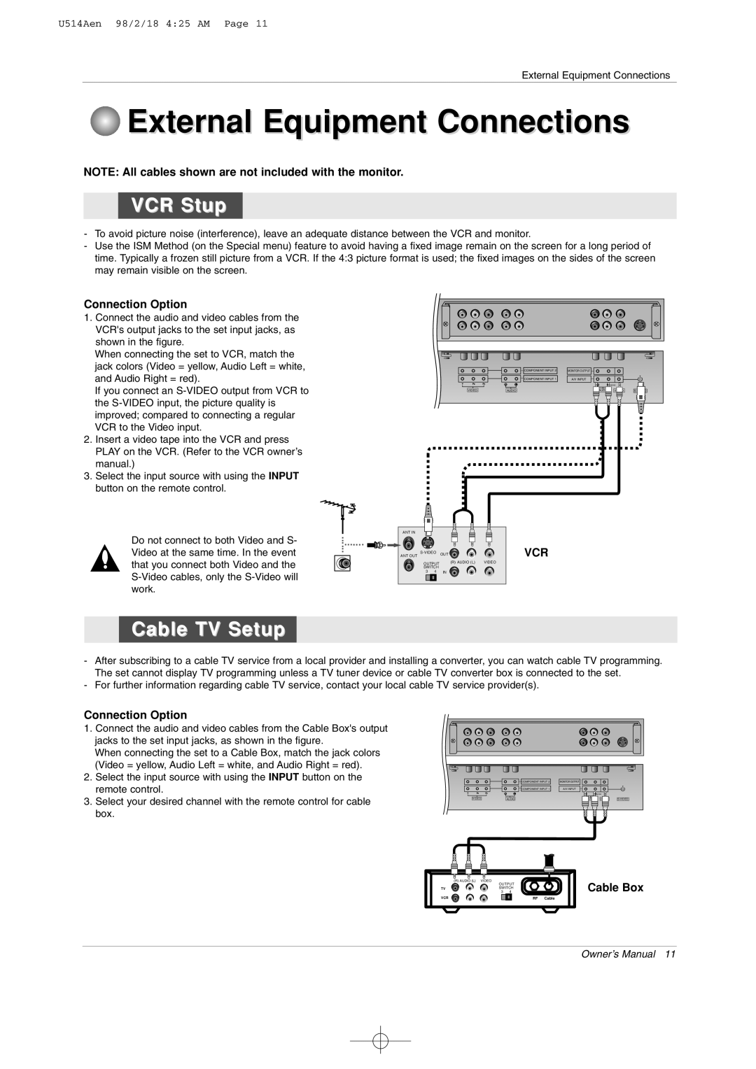 LG Electronics 42PM1M owner manual External Equipment Connections, VCR Stup, Cable TV Setup, Connection Option, Cable Box 