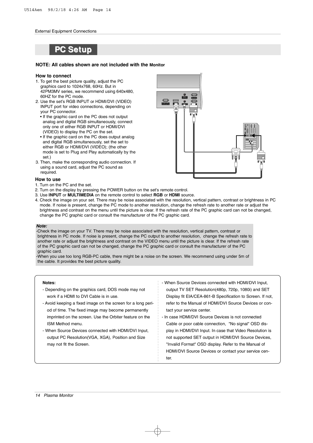 LG Electronics 42PM1M owner manual PC Setup 