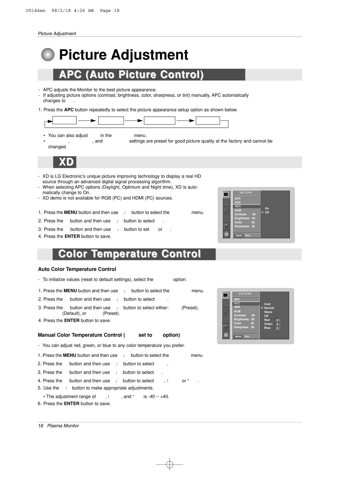 LG Electronics 42PM1M owner manual Picture Adjustment, APC Auto Picture Control, Color Temperature Control 