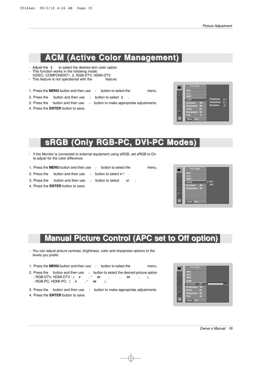 LG Electronics 42PM1M owner manual ACM Active Color Management, SRGB Only RGB-PC, DVI-PC Modes 