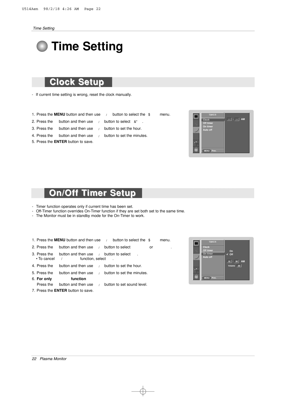 LG Electronics 42PM1M owner manual Time Setting, Clock Setup, On/Off Timer Setup, For only On timer function 