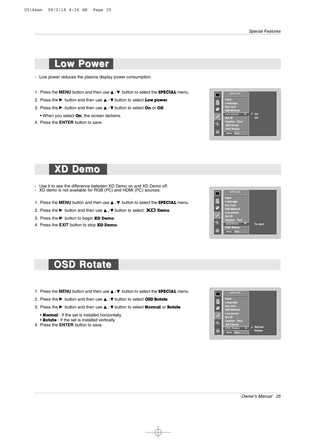 LG Electronics 42PM1M owner manual Low Power, XD Demo, OSD Rotate 