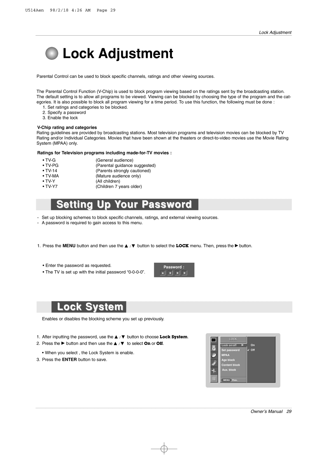 LG Electronics 42PM1M owner manual Lock Adjustment, Setting Up Your Password, Lock System, Chip rating and categories 