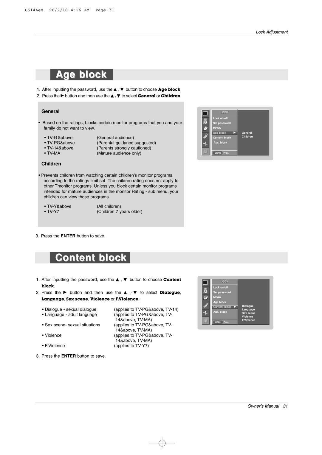 LG Electronics 42PM1M owner manual Age block, Content block, General, Children 