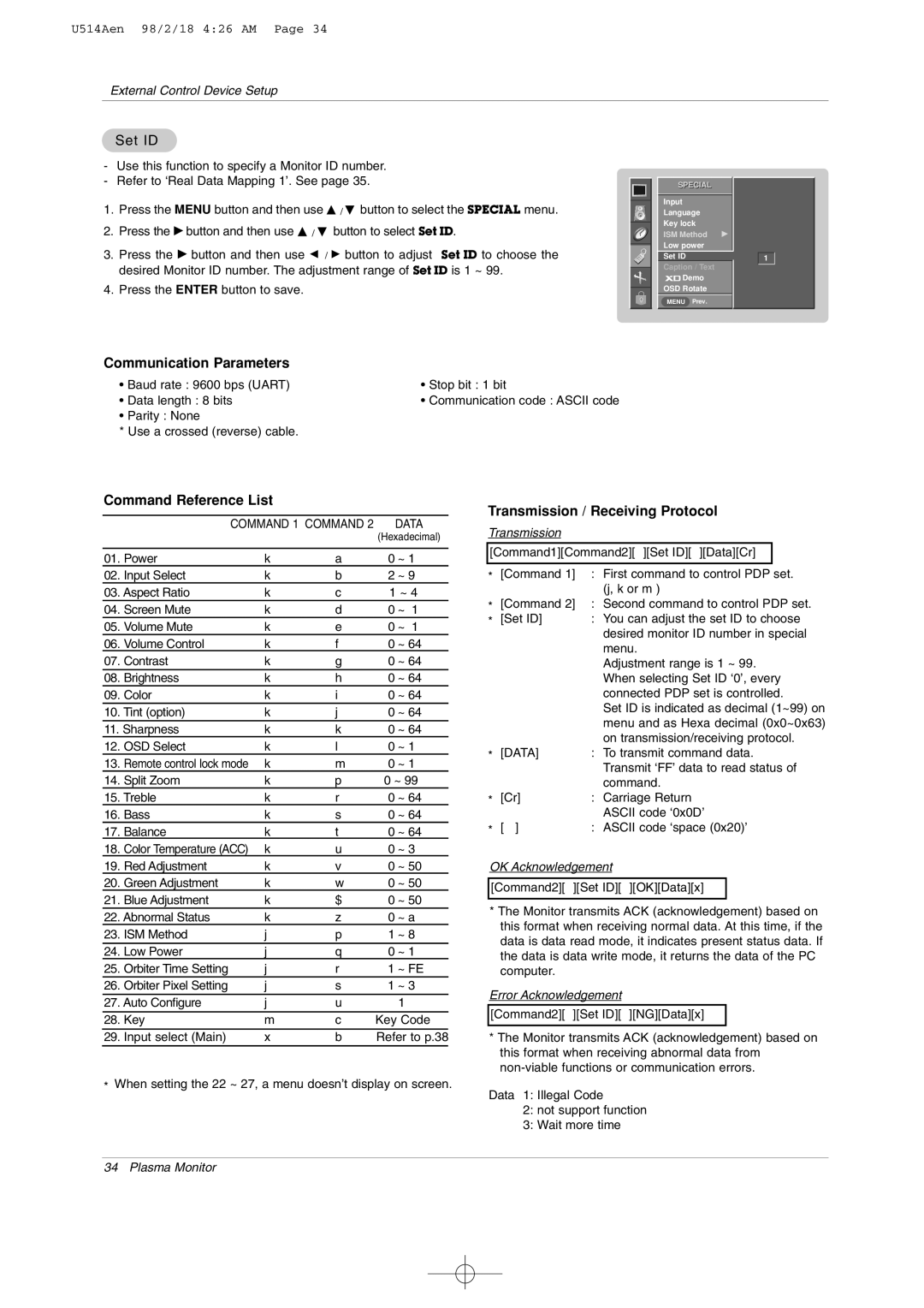 LG Electronics 42PM1M owner manual Communication Parameters, Command Reference List, Transmission / Receiving Protocol 