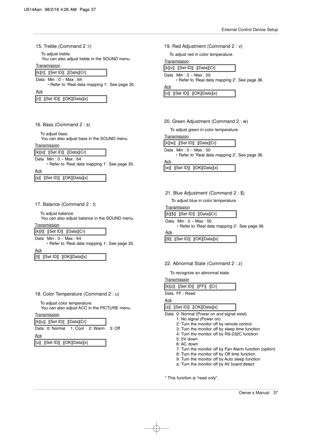 LG Electronics 42PM1M owner manual Treble Command 2 r, Red Adjustment Command 2, Bass Command 2 s, Balance Command 2 t 