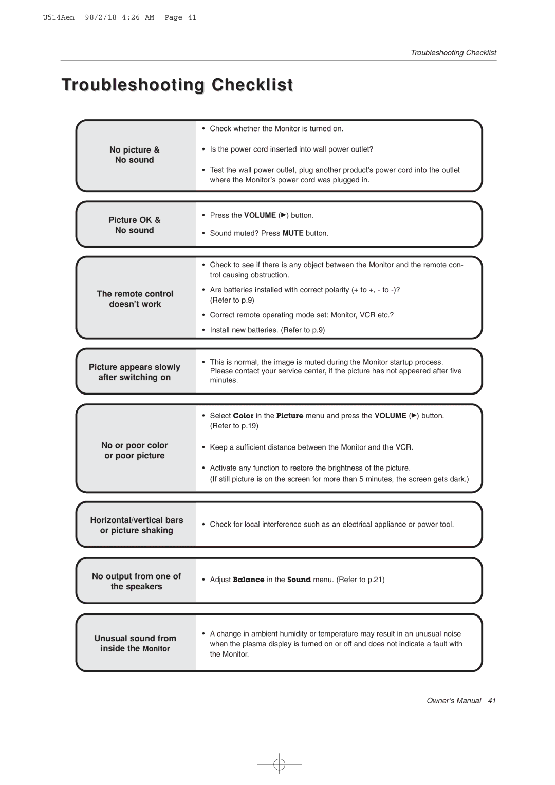 LG Electronics 42PM1M owner manual Troubleshooting Checklist 