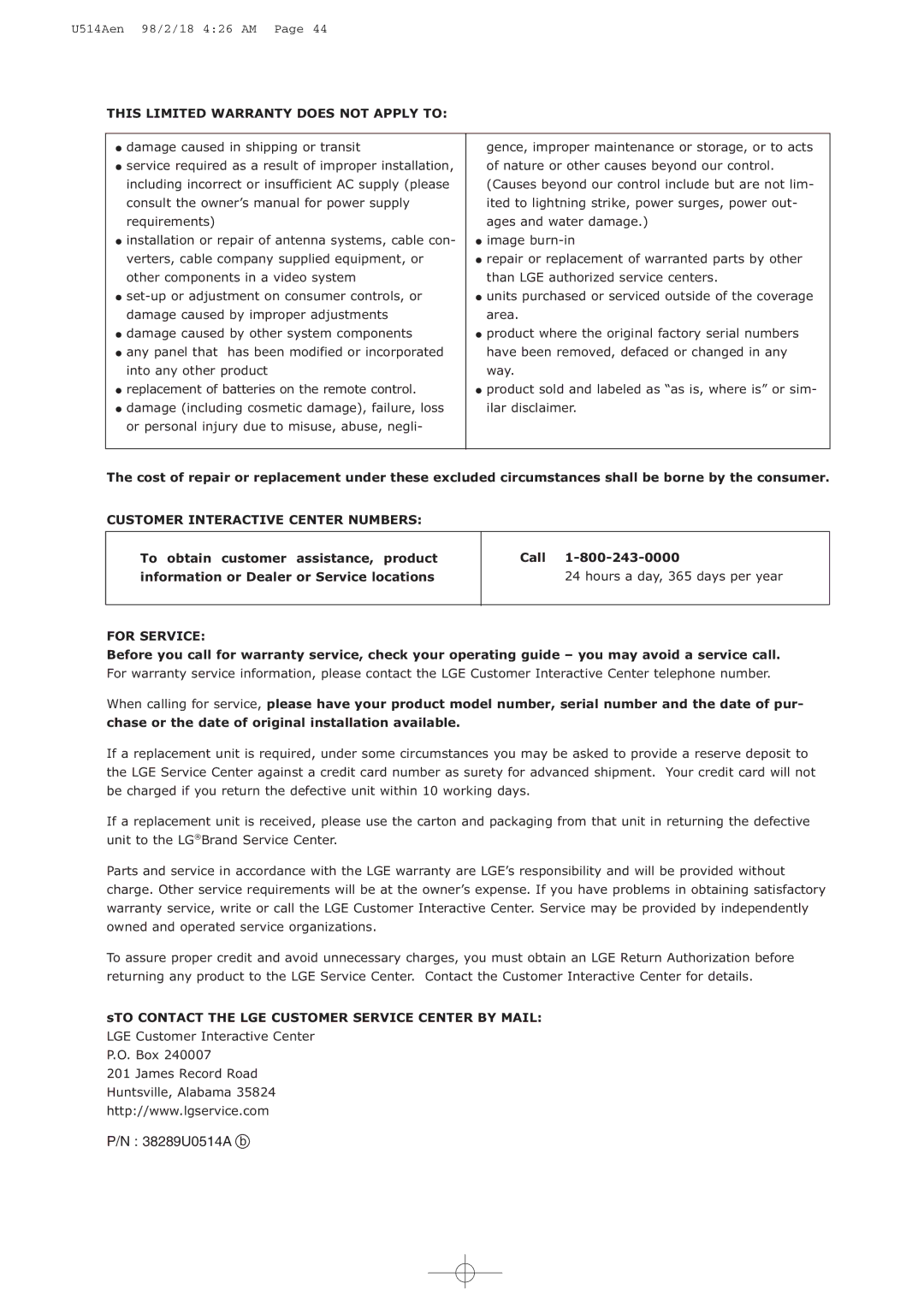 LG Electronics 42PM1M owner manual 38289U0514A b 