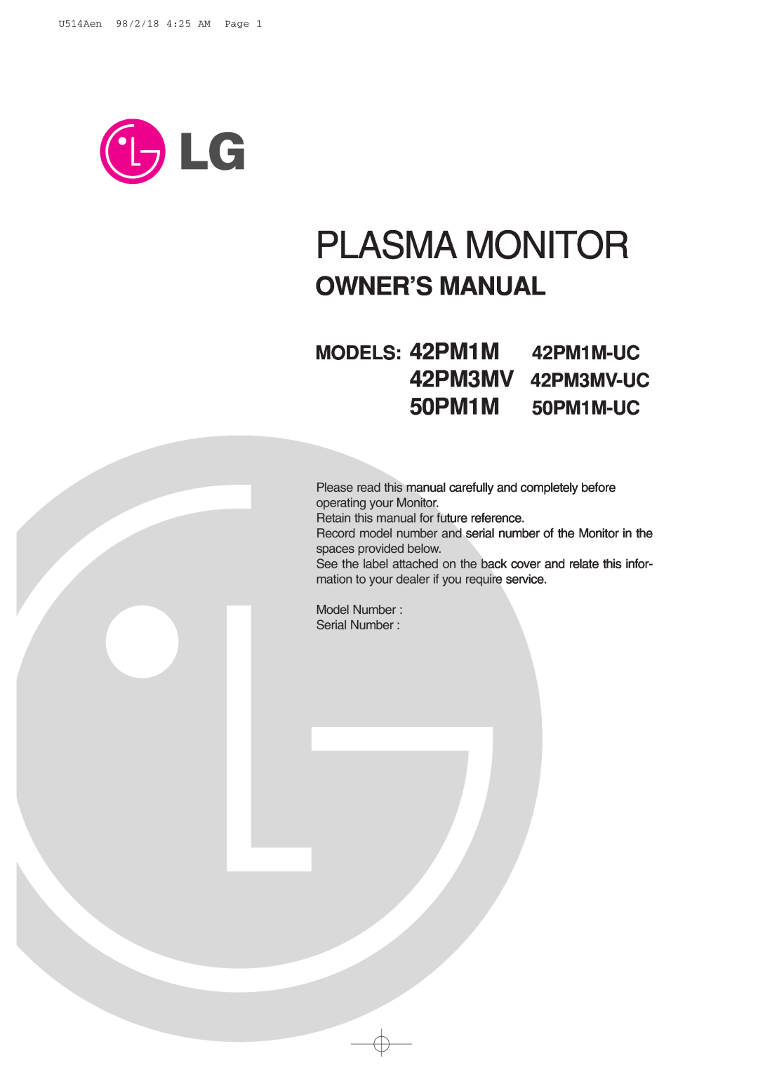 LG Electronics owner manual 42PM3MV 50PM1M, Plasma Monitor, Owner’S Manual, MODELS 42PM1M 