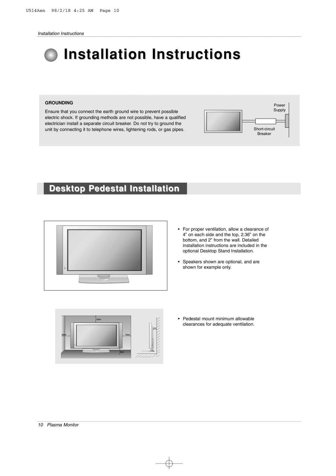 LG Electronics 42PM1M owner manual Installation Instructions, Desktop Pedestal Installation 