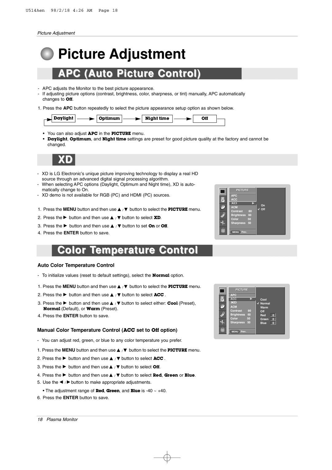 LG Electronics 42PM1M owner manual Picture Adjustment, APC Auto Picture Control, Color Temperature Control 