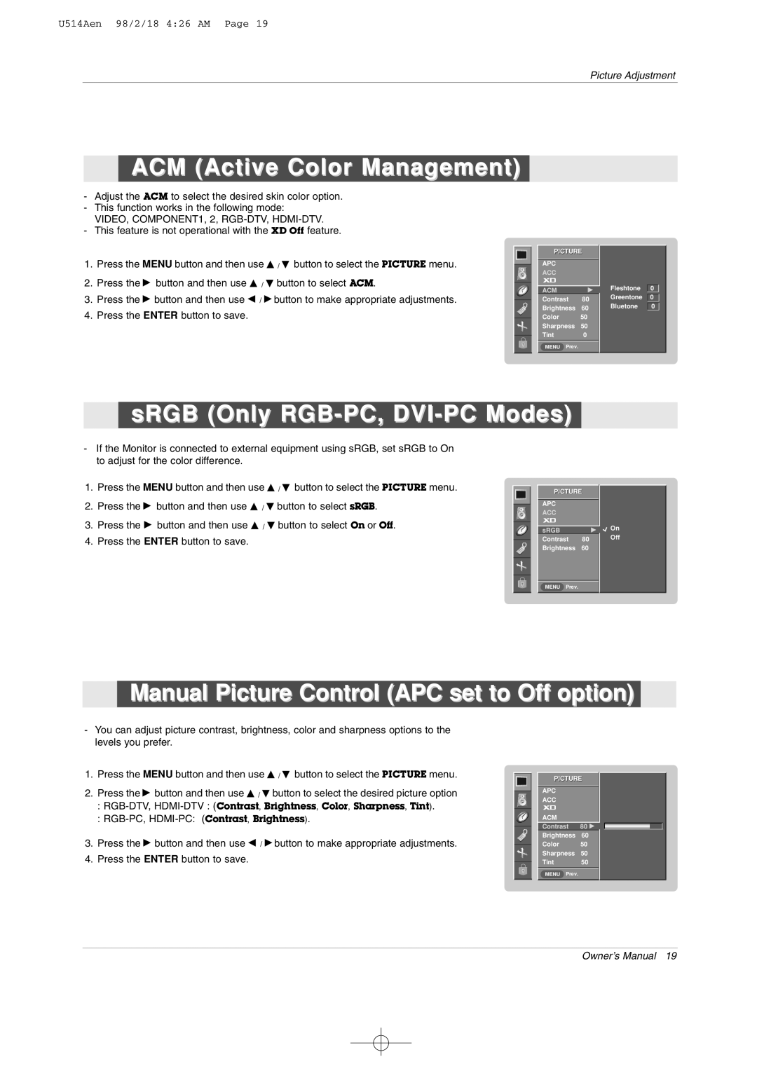 LG Electronics 42PM1M owner manual ACM Active Color Management, sRGB Only RGB-PC, DVI-PC Modes 