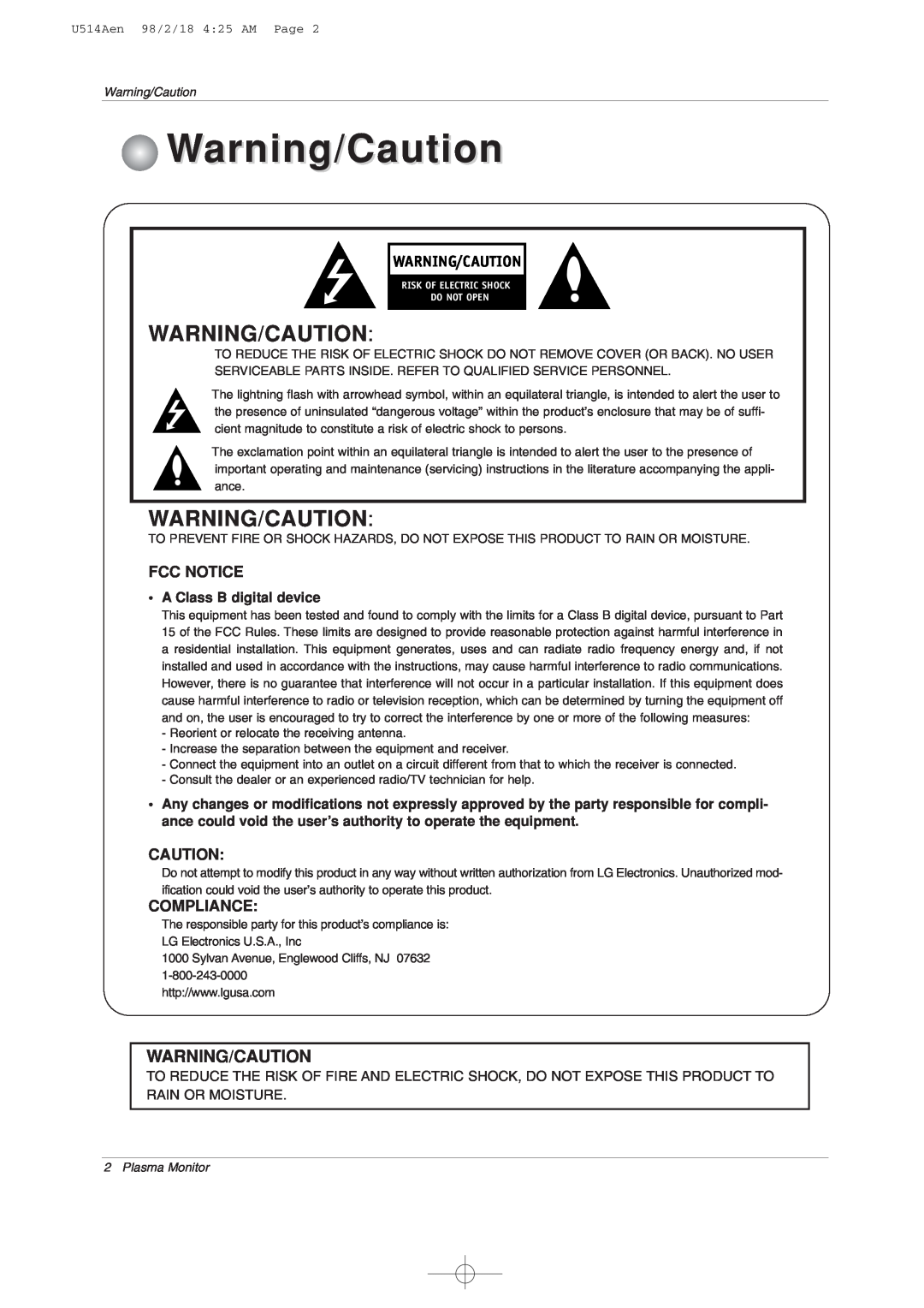 LG Electronics 42PM1M owner manual Warning/Caution, Fcc Notice, Compliance, A Class B digital device 