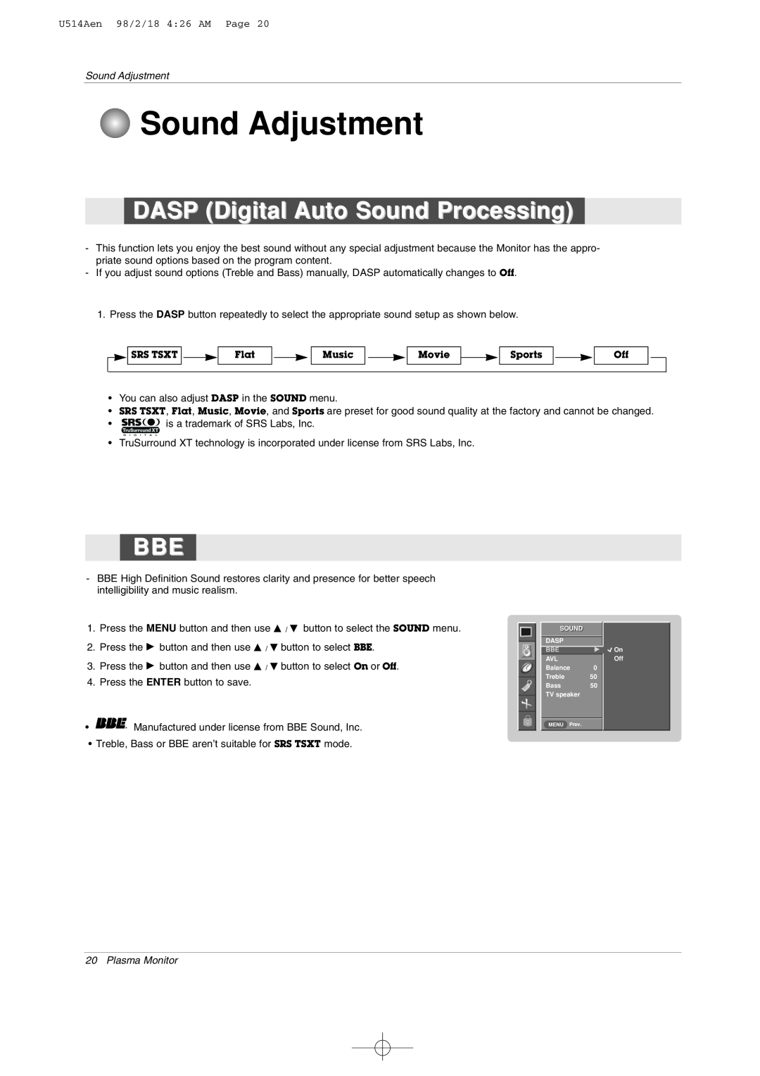 LG Electronics 42PM1M owner manual Sound Adjustment, DASP Digital Auto Sound Processing 