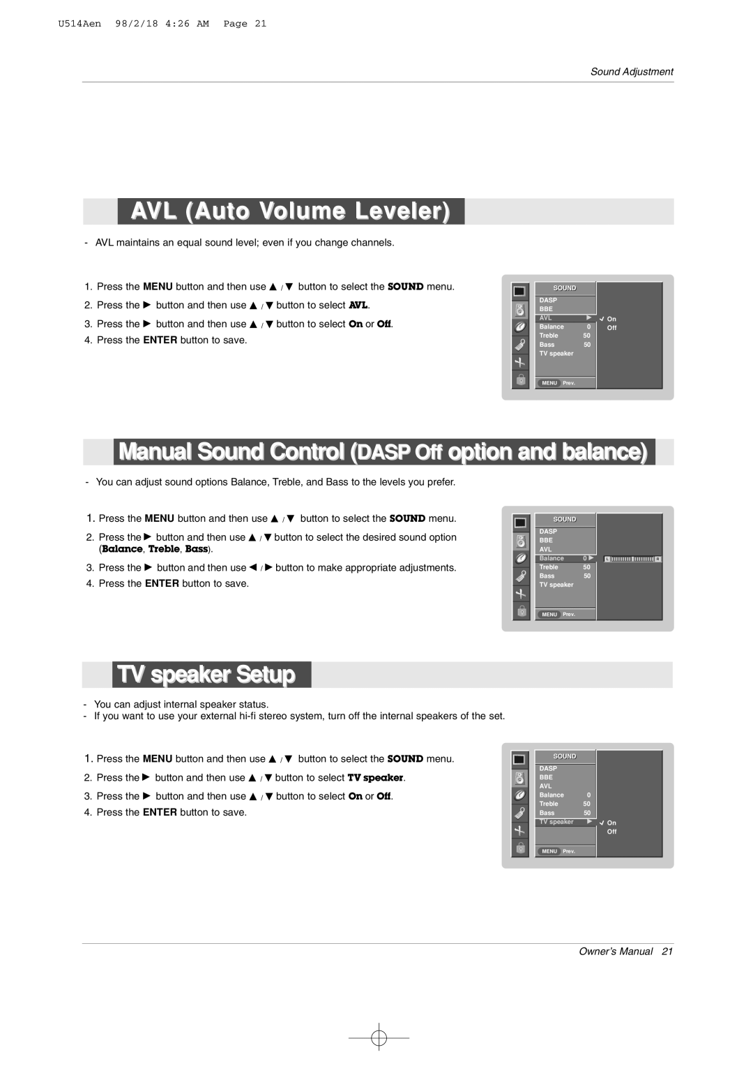 LG Electronics 42PM1M AVL Auto Volume Leveler, Manual Sound Control DASP Off option and balance, TV speaker Setup, Avlg 