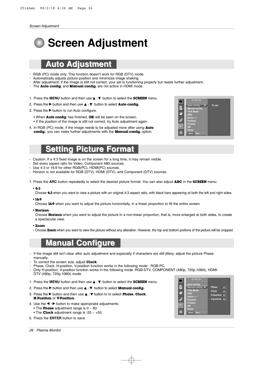 LG Electronics 42PM1M owner manual Screen Adjustment, Auto Adjustment, Setting Picture Format, Manual Configure 
