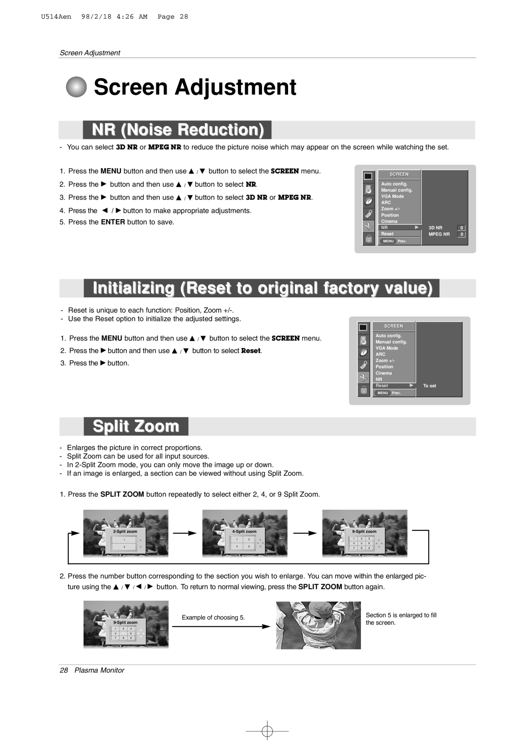 LG Electronics 42PM1M NR Noise Reduction, Initializing Reset to original factory value, Split Zoom, Screen Adjustment 