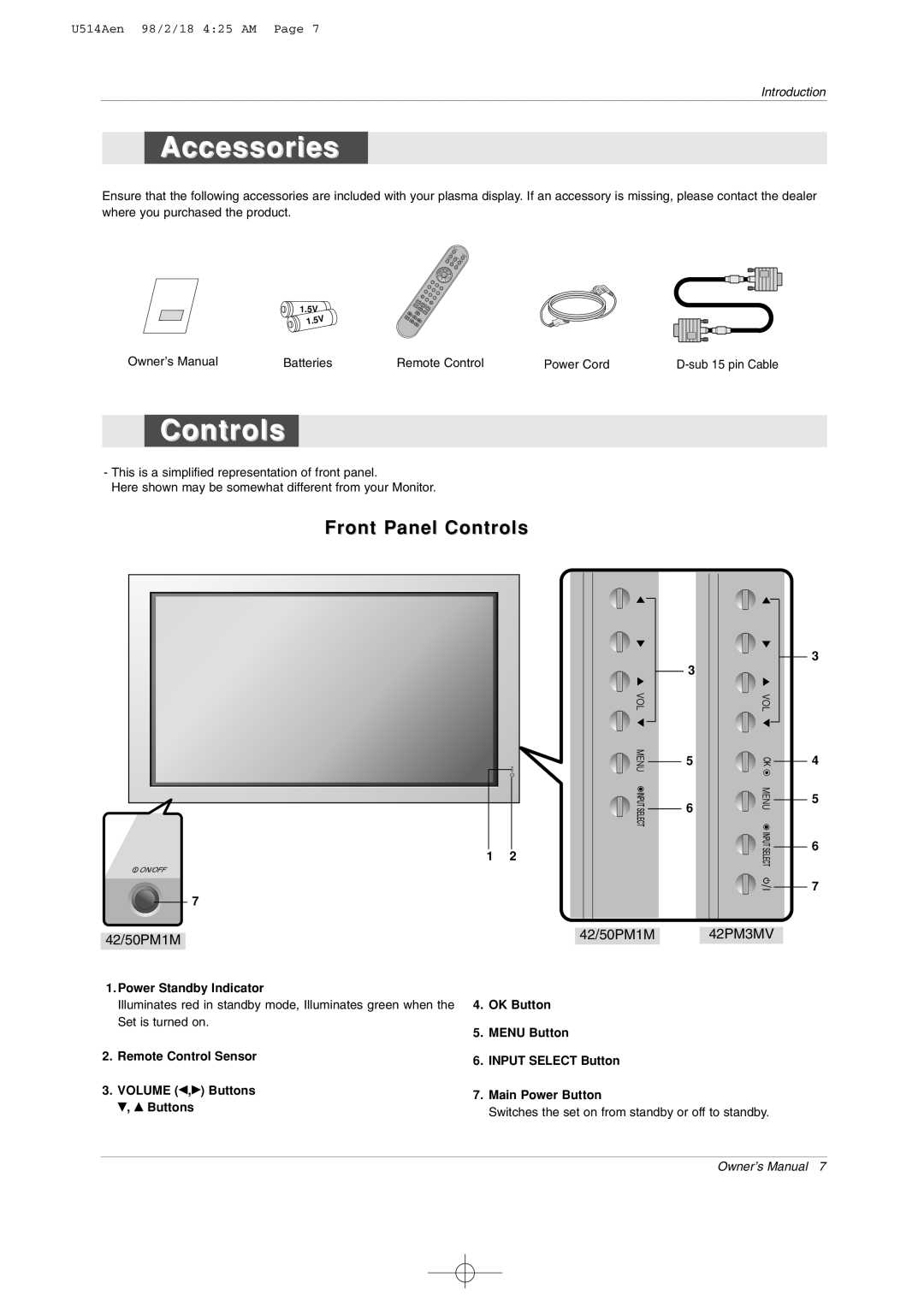 LG Electronics 42PM1M owner manual Accessories, Front Panel Controls, 42/50PM1M, 42PM3MV 