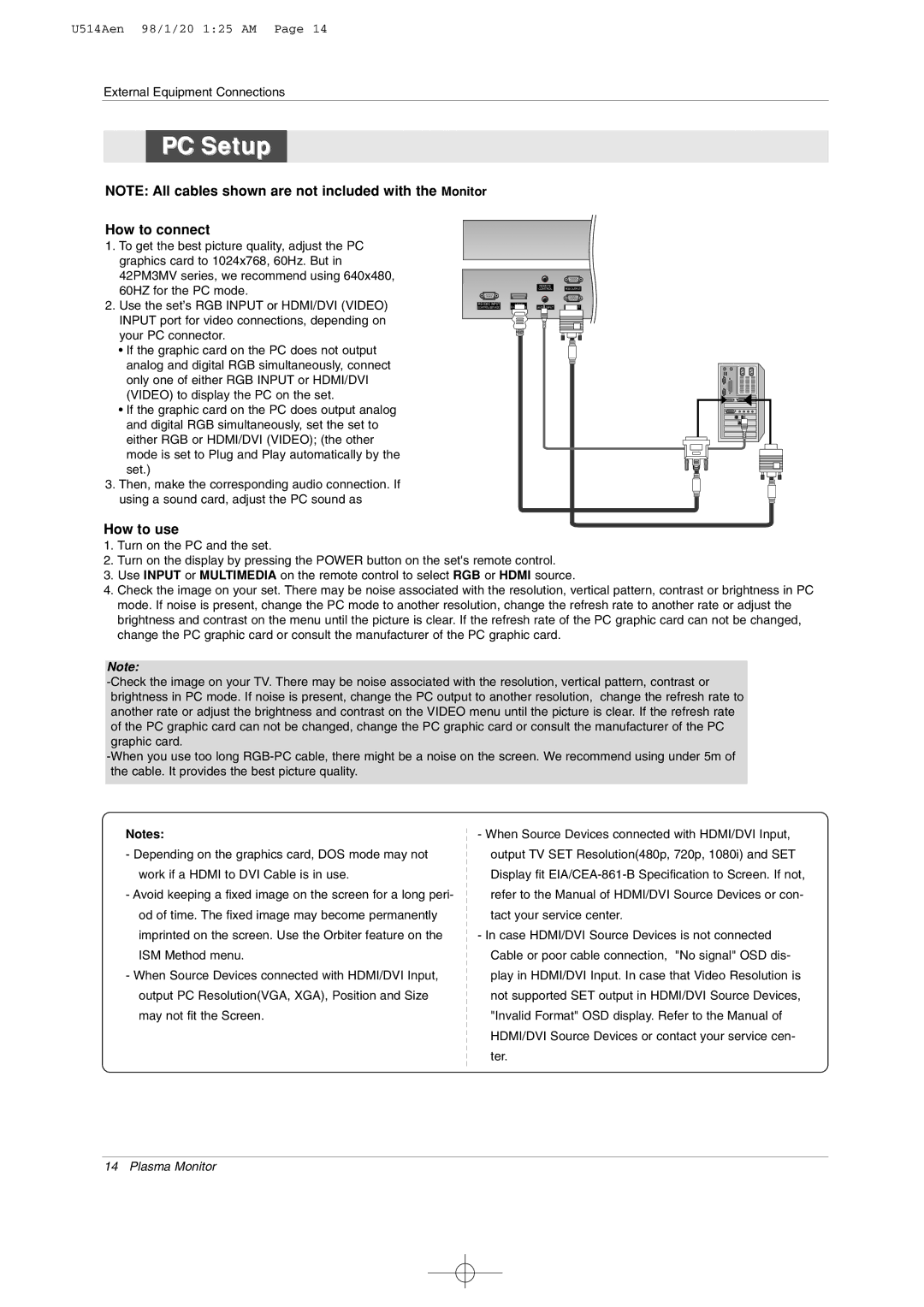 LG Electronics 42PM1M, 42PM3MV-UC, 50PM1M-UC, 42PM1m-UC owner manual PC Setup 