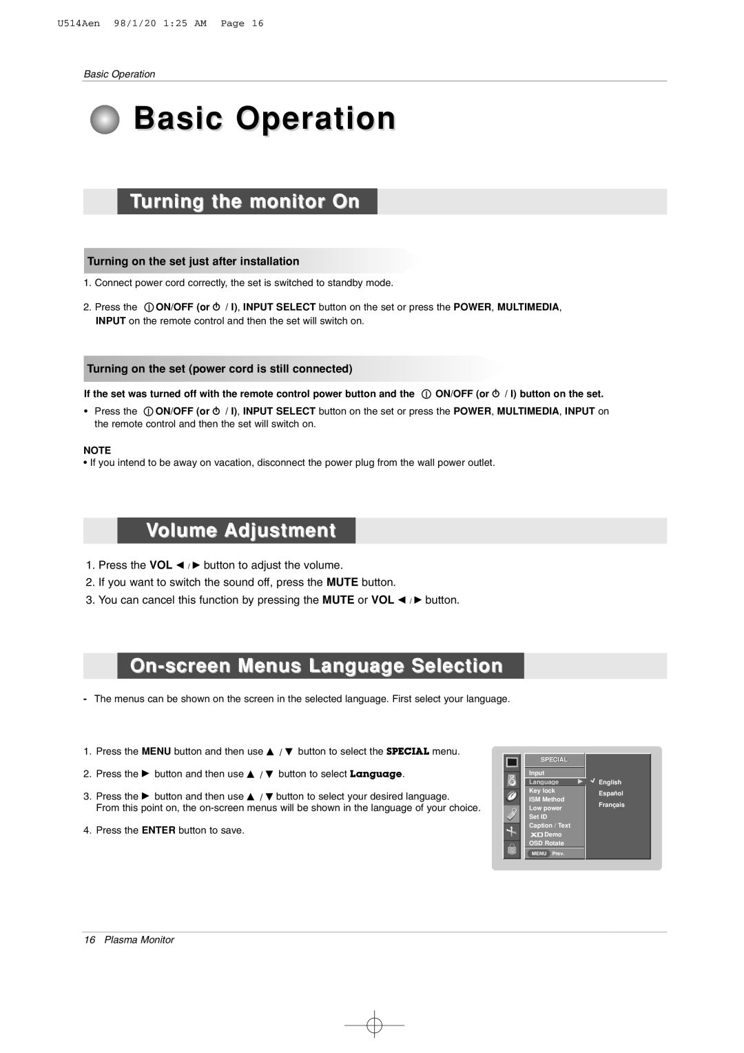 LG Electronics 50PM1M-UC Basic Operation, Turning the monitor On, Volume Adjustment, On-screen Menus Language Selection 