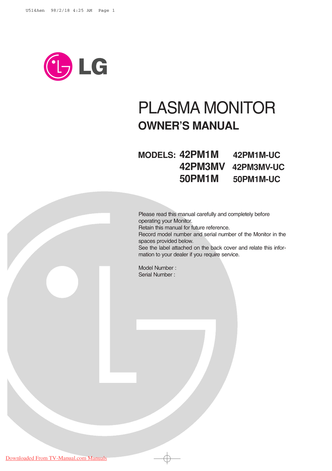 LG Electronics 42PM1M, 42PM3MV, 50PM1M owner manual Plasma Monitor 