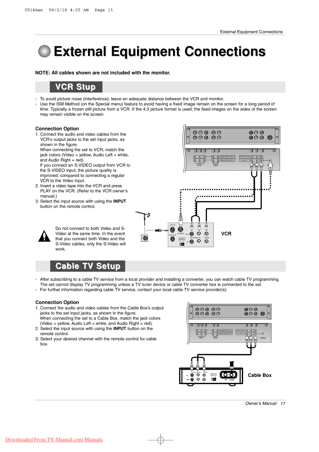 LG Electronics 50PM1M, 42PM3MV External Equipment Connections, VCR Stup, Cable TV Setup, Connection Option, Cable Box 