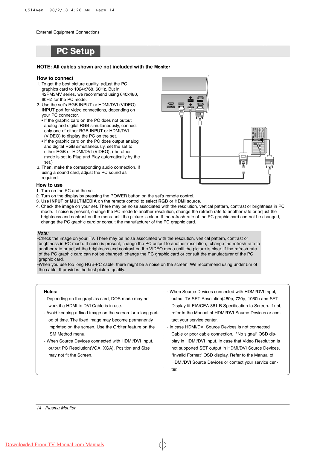 LG Electronics 50PM1M, 42PM3MV, 42PM1M owner manual PC Setup 