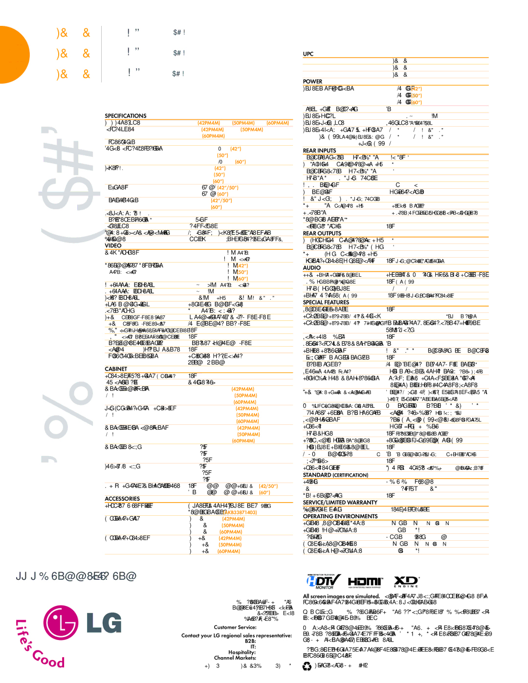 LG Electronics 50PM4M, 42PM4M, 60PM4M warranty Specifications 