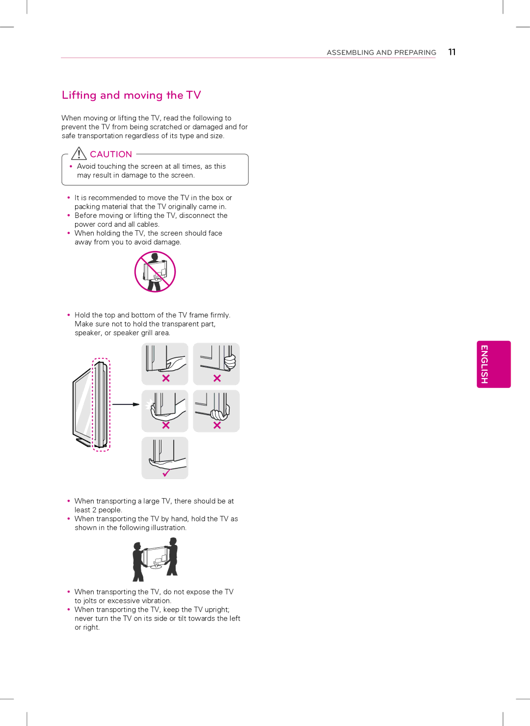 LG Electronics 60PN530P, 42PN450P, 50PN530P, 50PN450P owner manual Lifting and moving the TV 