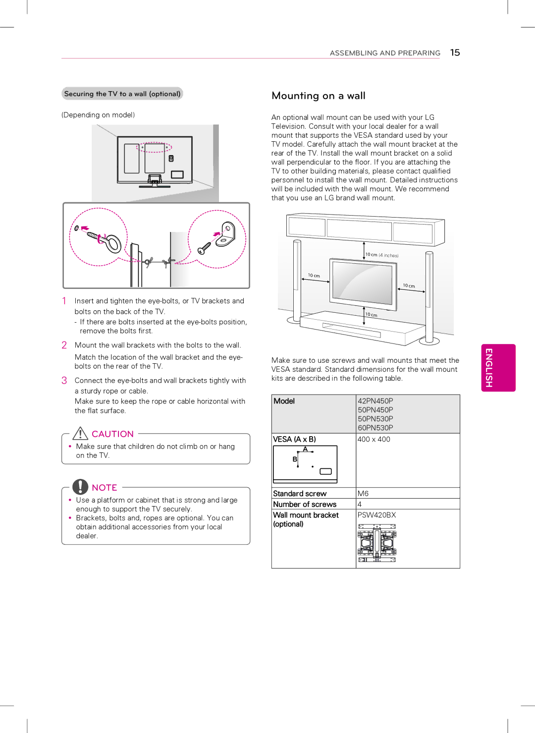 LG Electronics 60PN530P, 42PN450P, 50PN530P, 50PN450P owner manual Mounting on a wall, Optional 