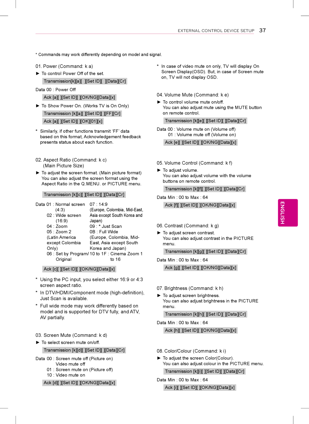 LG Electronics 50PN530P Volume Mute Command k e, Aspect Ratio Command k c Main Picture Size, Volume Control Command k f 