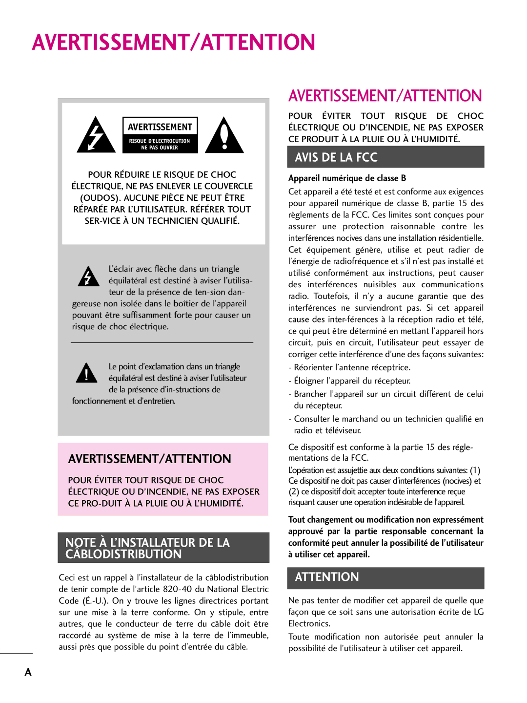 LG Electronics 60PS60C, 42PQ10, 42PQ31, 42PQ30C, 50PQ30C Pour Réduire LE Risque DE Choc, ’éclair avec flèche dans un triangle 