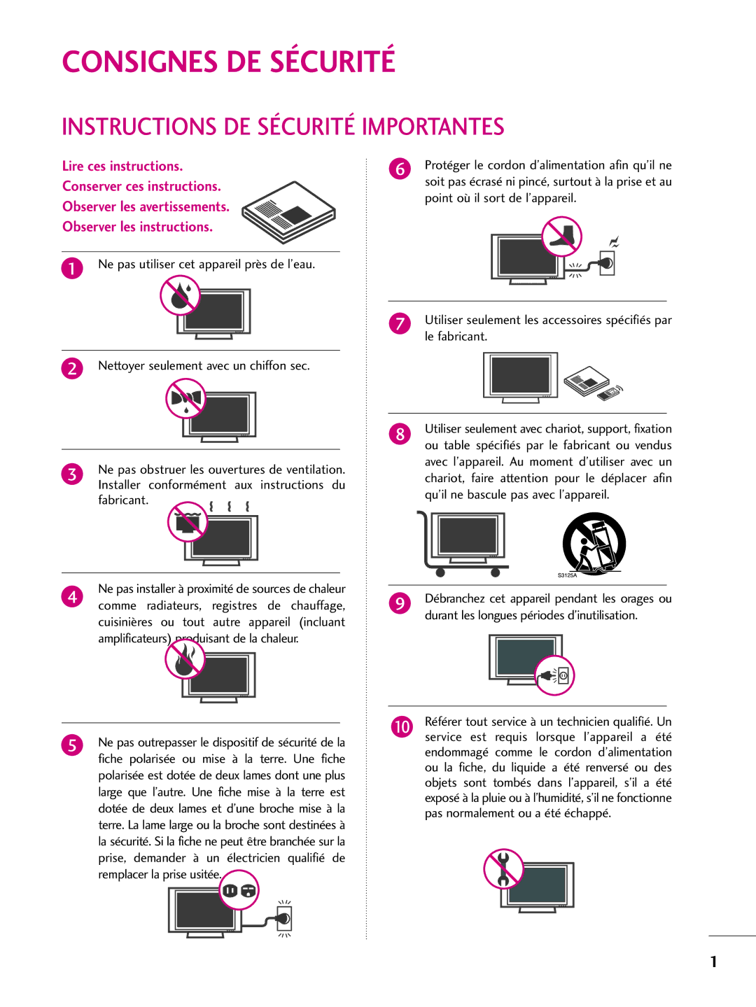 LG Electronics 42PQ10, 42PQ31, 42PQ30C, 50PQ30C, 50PQ31, 50PQ10 Consignes DE Sécurité, Instructions DE Sécurité Importantes 