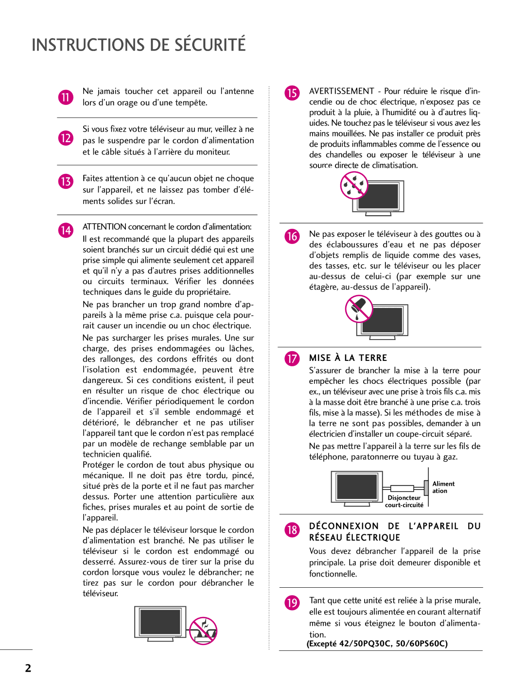 LG Electronics 42PQ31, 42PQ10, 42PQ30C, 50PQ30C, 50PQ31 Mise À LA Terre, Déconnexion DE Lappareil DU, Réseau Électrique 