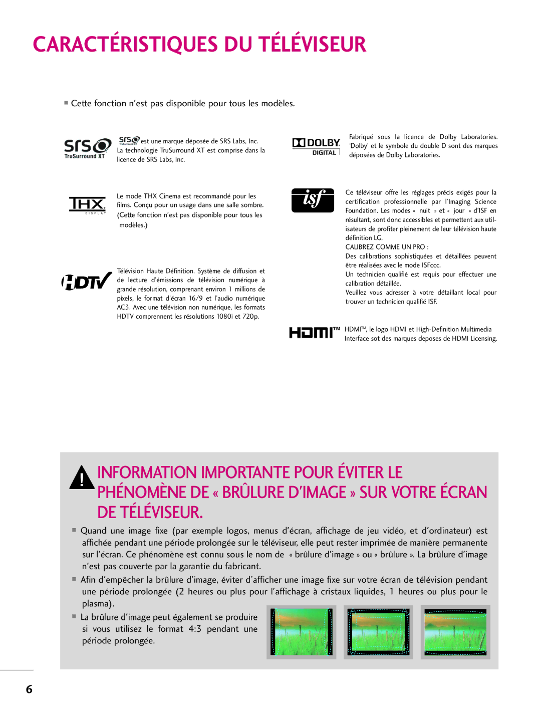 LG Electronics 50PQ10, 42PQ10 Caractéristiques DU Téléviseur, Cette fonction nest pas disponible pour tous les modèles 